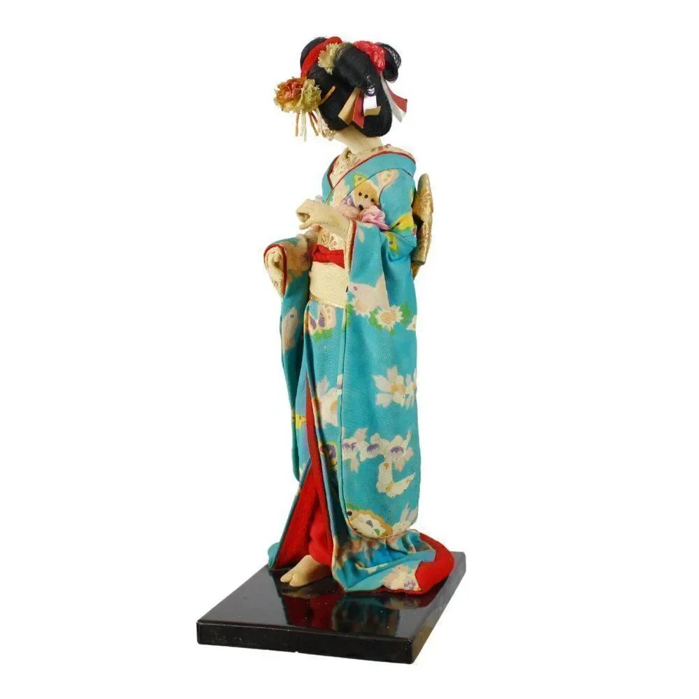 Vintage Japanese Geisha Doll Figurine in Traditional Turquoise Silk Crepe Kimono